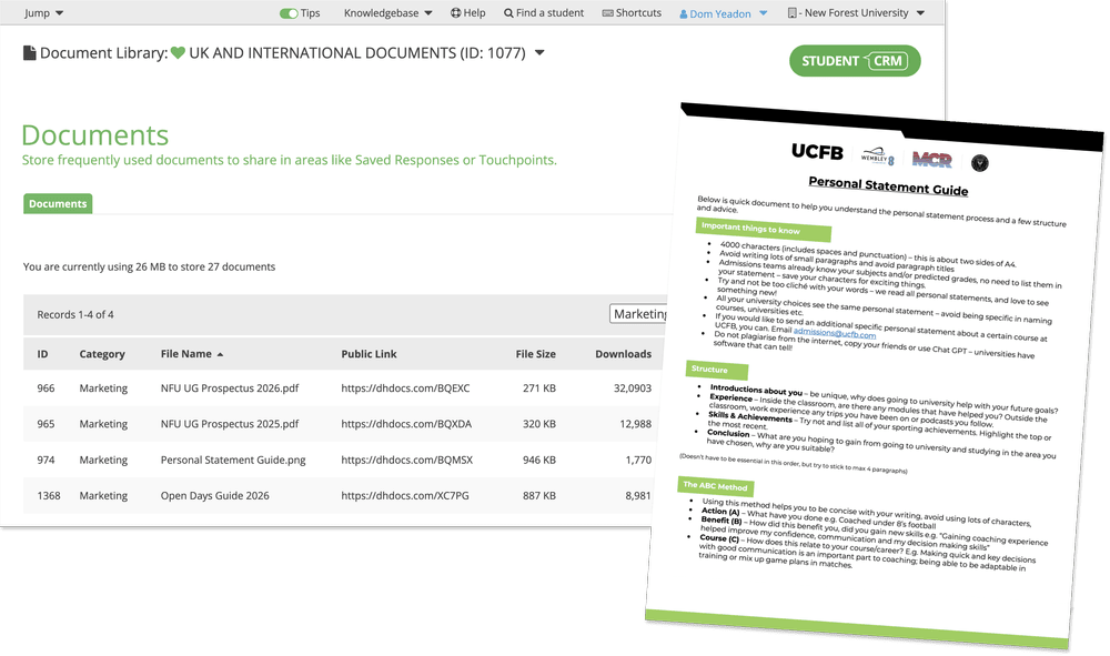 Document Library dashboard in Student CRM showing a central library of documents with smart short links