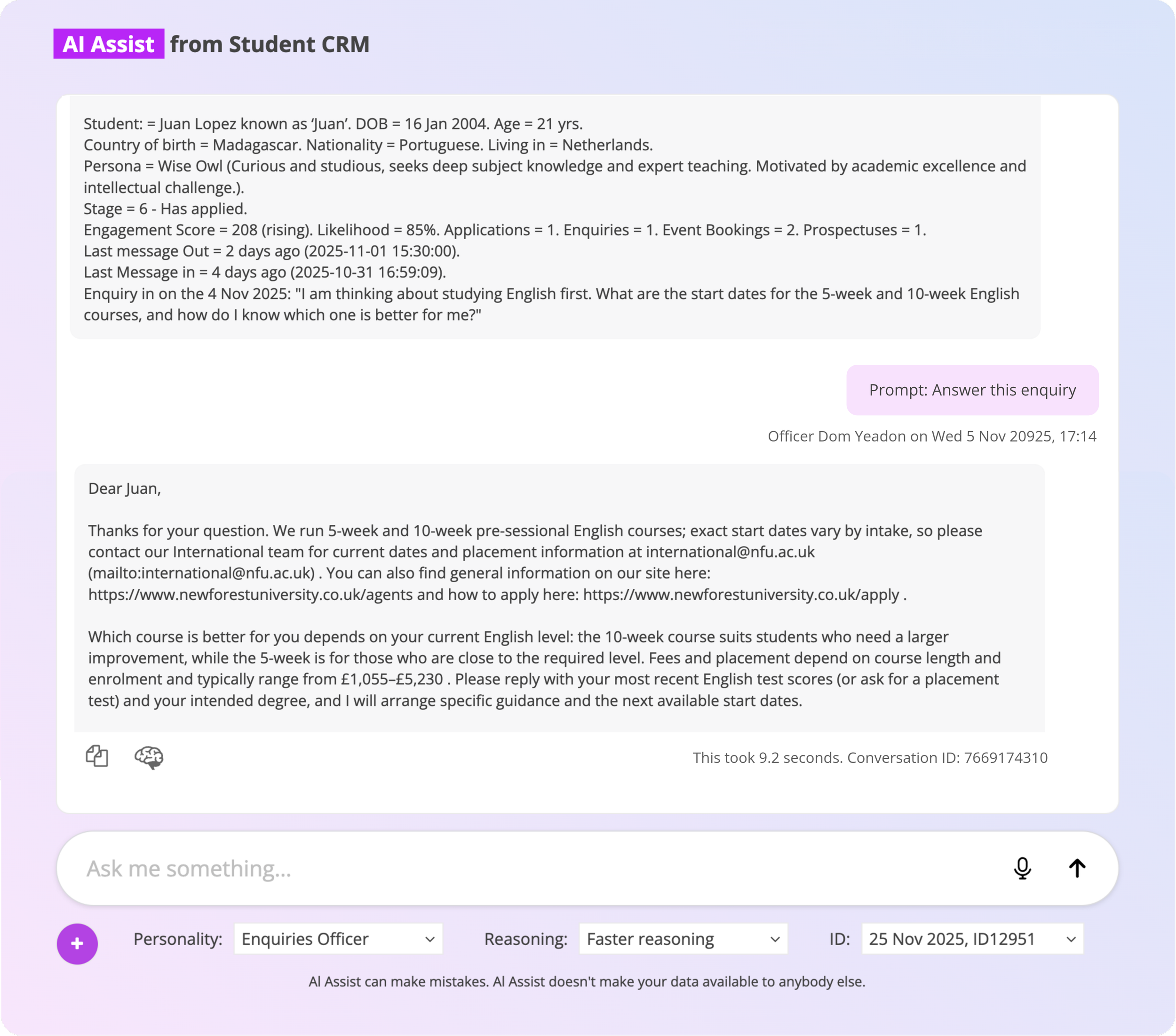 AI Assist interface in Student CRM