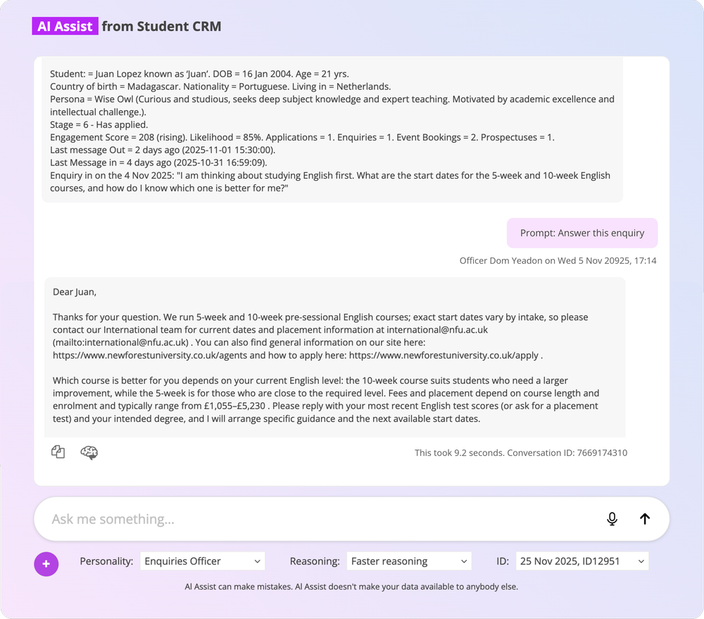 AI Assist interface in Student CRM