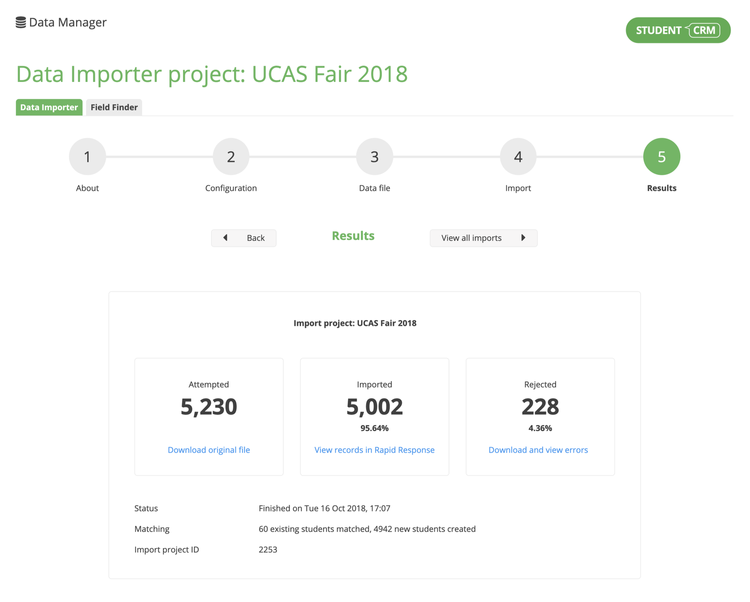 Data Manager interface for importing prospective student data into Student CRM