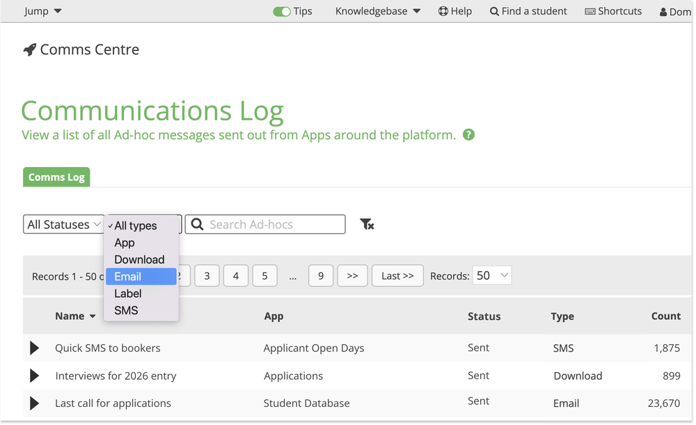 Comms Centre dashboard in Student CRM showing student communications across modules