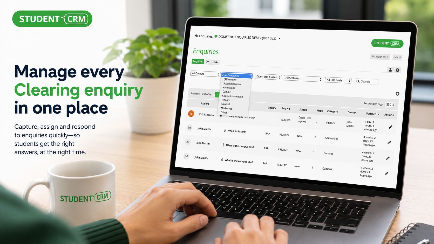 Student CRM Enquiries dashboard showing how universities can capture, assign and respond to Clearing enquiries in one place