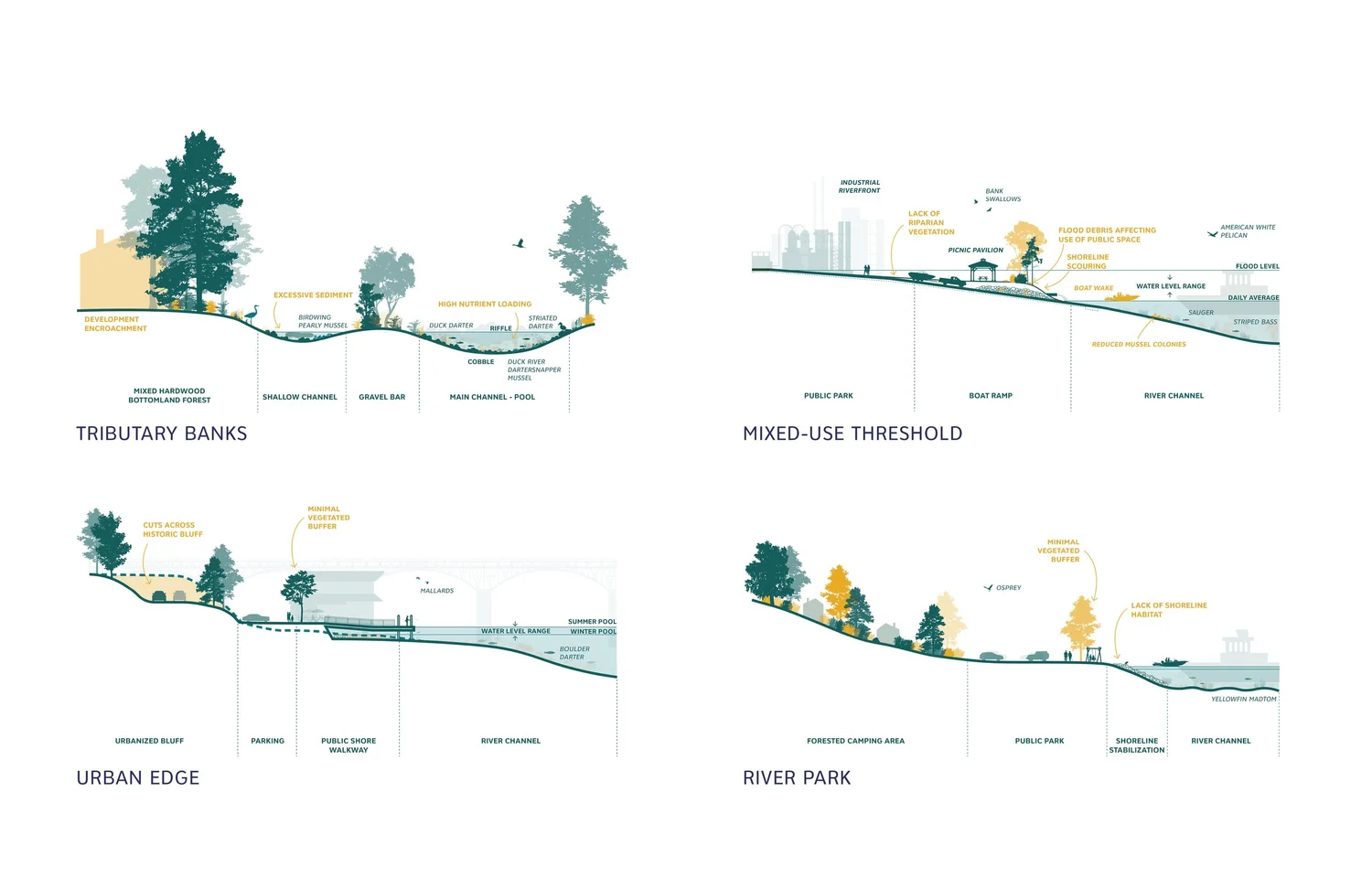 Four sectional diagrams breaking down various edge conditions, including tributary banks, mixed-use thresholds, urban edges, and river parks