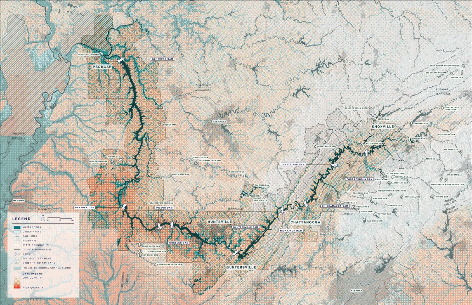 Map juxtaposing future days over 90 degrees with the 1% annual chance flood