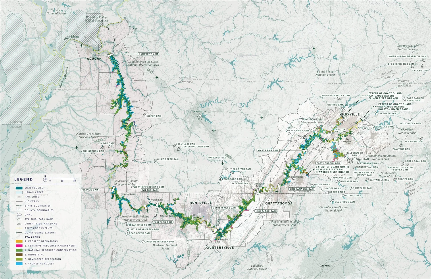 Map showing TVA management zones, including project operations, sensitive resource management, natural resource conservation, industrial, developed recreation, and shoreline access