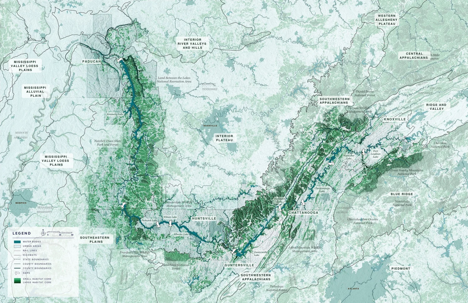 Map showing habitat cores throughout the region