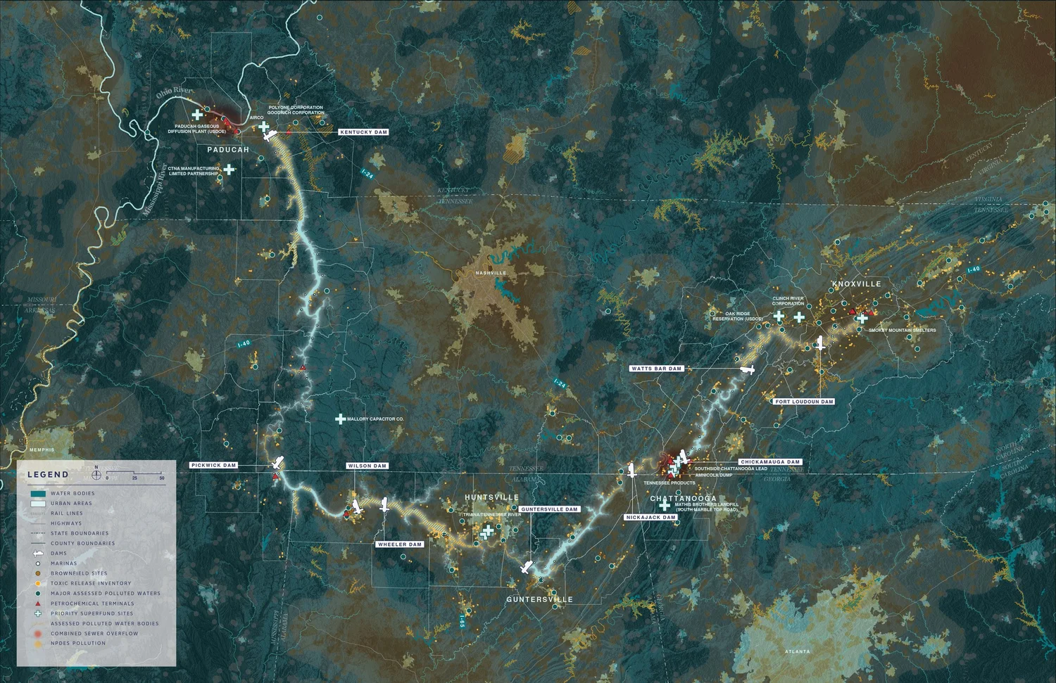 Map highlighting pollution and industry along the river, including brownfield sites, combined sewer overflows, and petrochemical terminals
