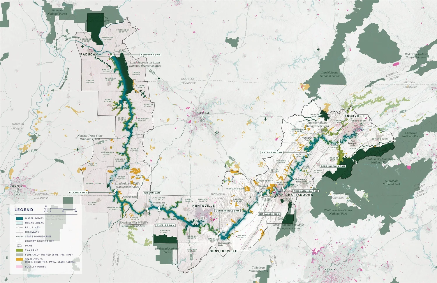 Map highlighting land management throughout the region, including TVA, Federal, State, and Locally owned lands