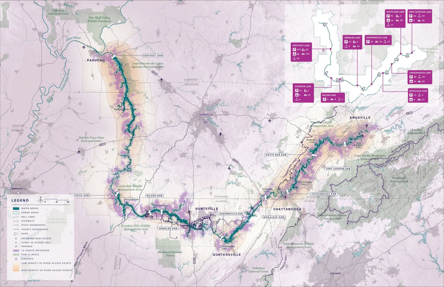 Map showing a 15 minute driveshed along the river, along with public space and diagrammatic density of access points