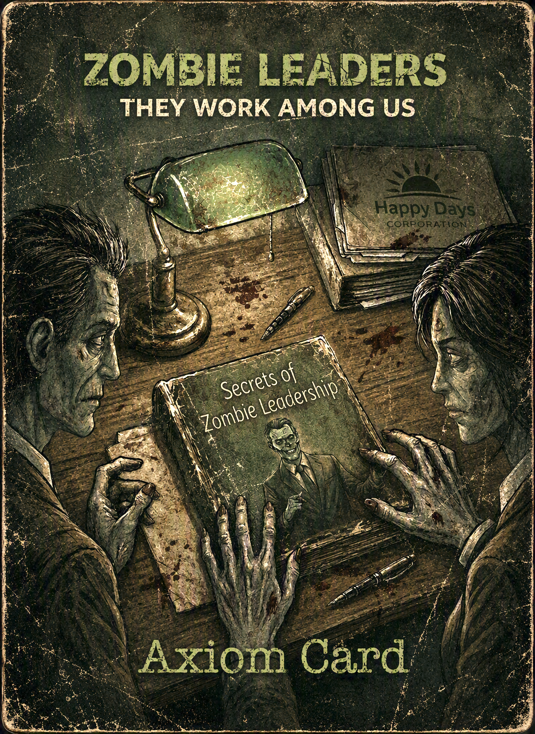Zombie Leaders Axiom Card artwork showing two figures studying Secrets of Zombie Leadership.
