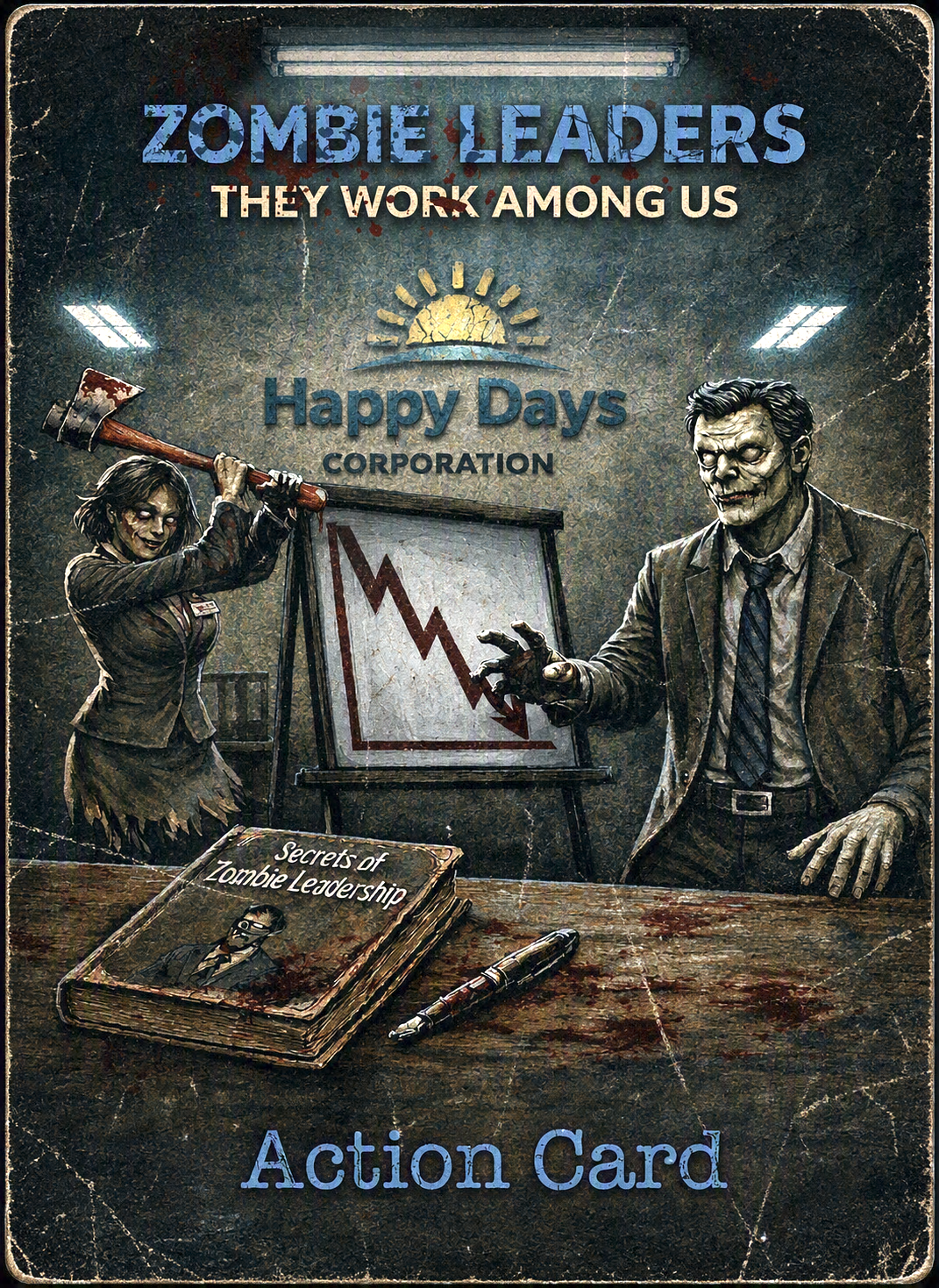 Zombie Leaders Action Card artwork showing zombie executives at Happy Days Corporation.