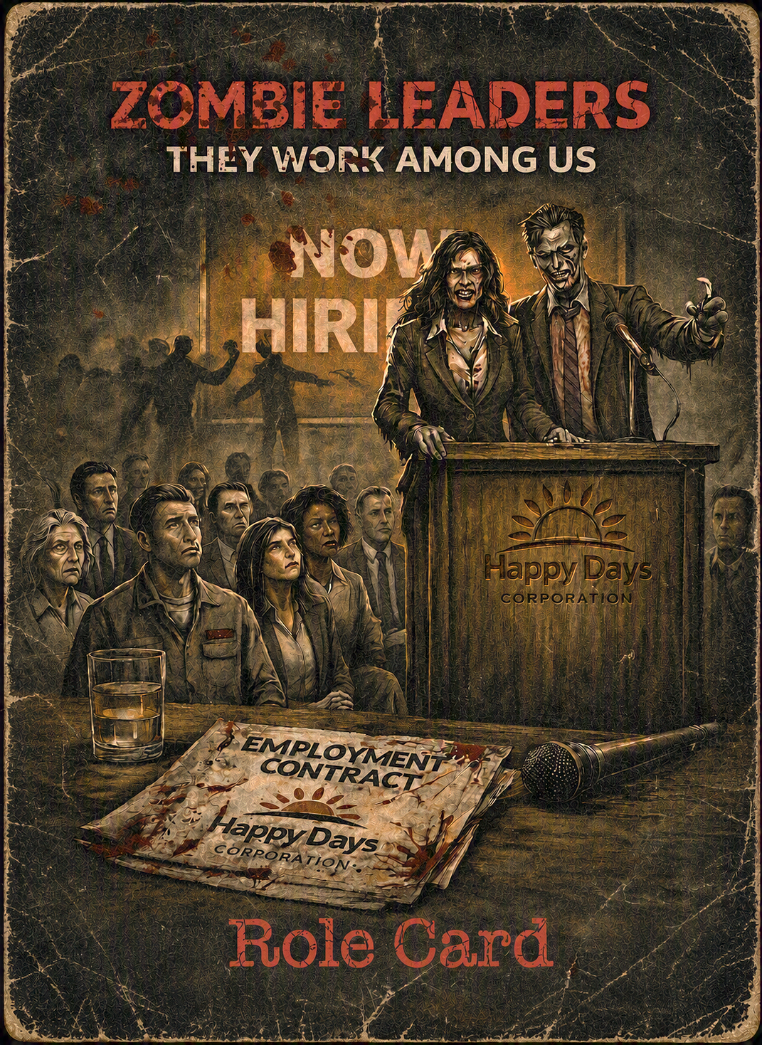 Zombie Leaders Role Card artwork showing a recruitment gathering at Happy Days Corporation.
