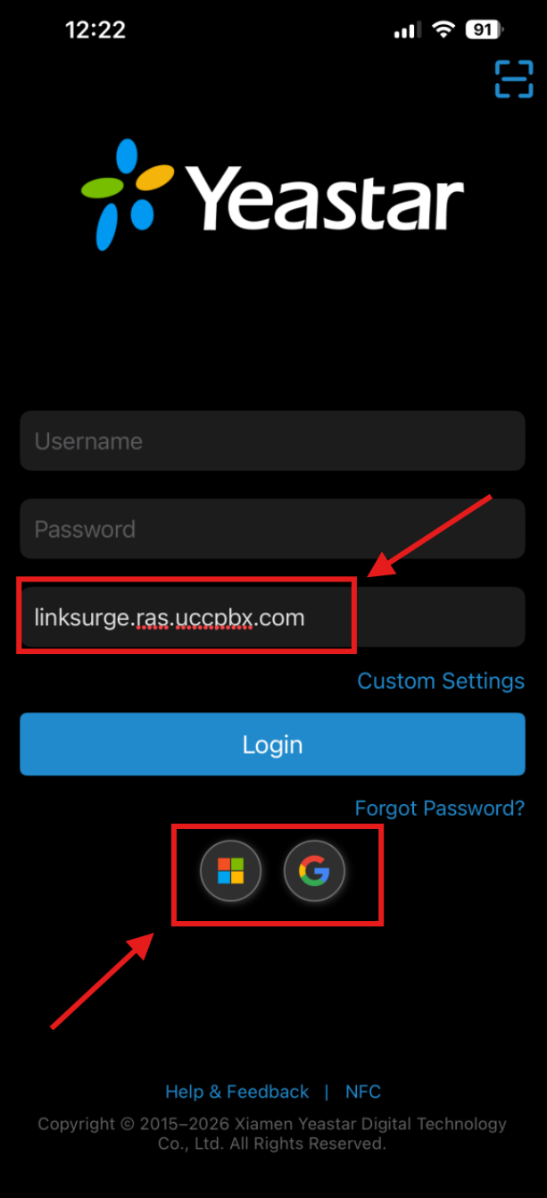 Linkus mobile app login screen showing the Microsoft and Google sign-in buttons