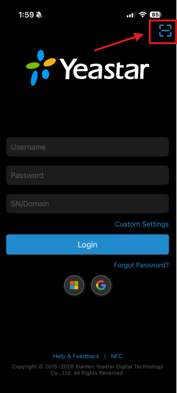 Linkus mobile app login screen with the QR code scan button in the top-right corner