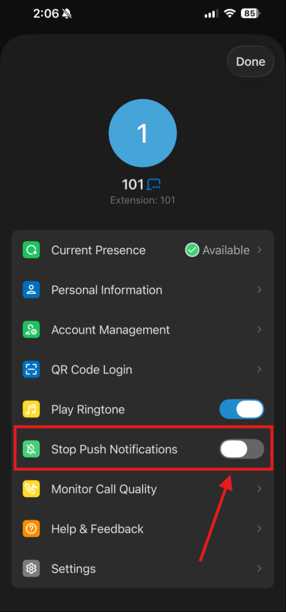 Linkus mobile app account menu showing the Stop Push Notifications setting
