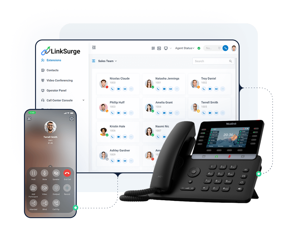 A Link Surge desk phone, mobile app, and desktop client all showing the same call