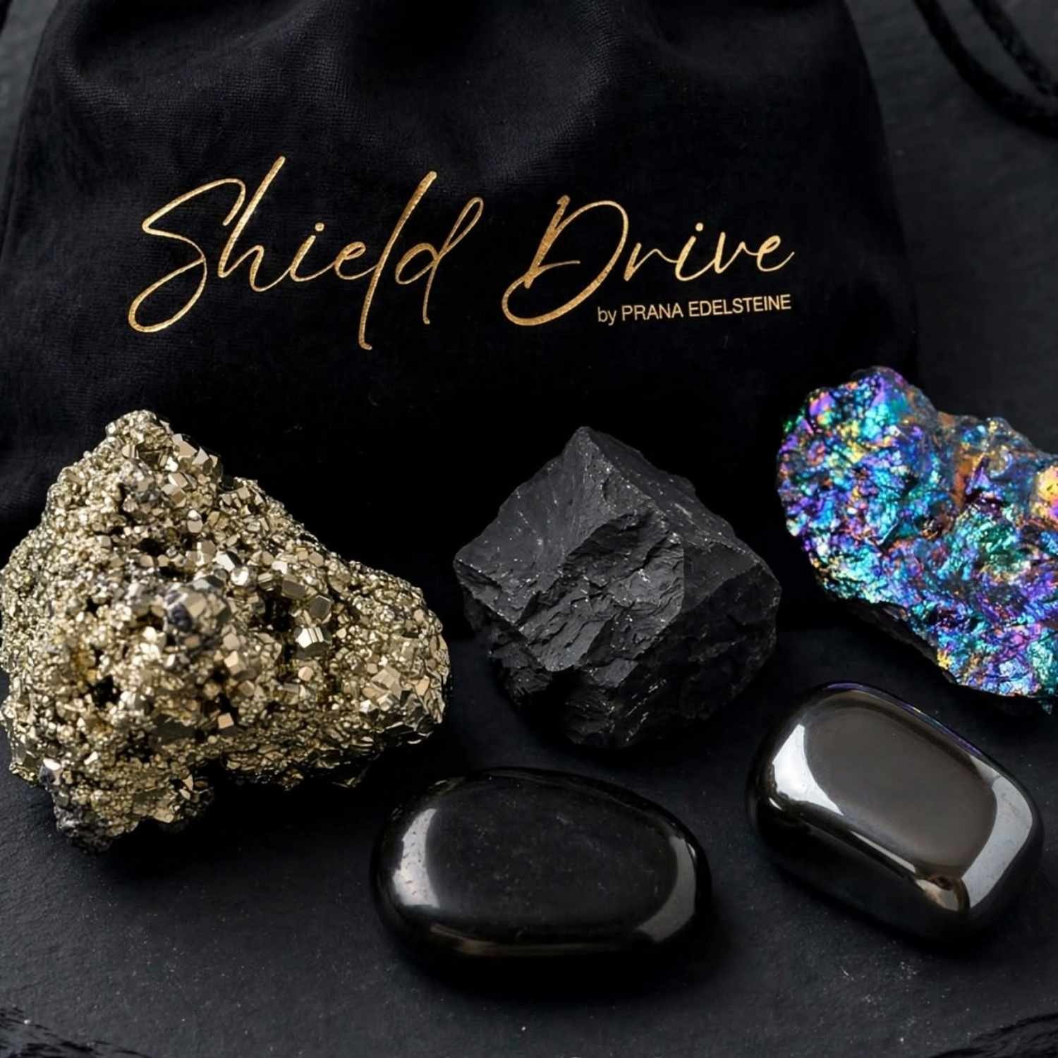Shield Drive Essential Set mit Schungit, Pyrit, Chalkopyrit und Hämatit als Geschenk