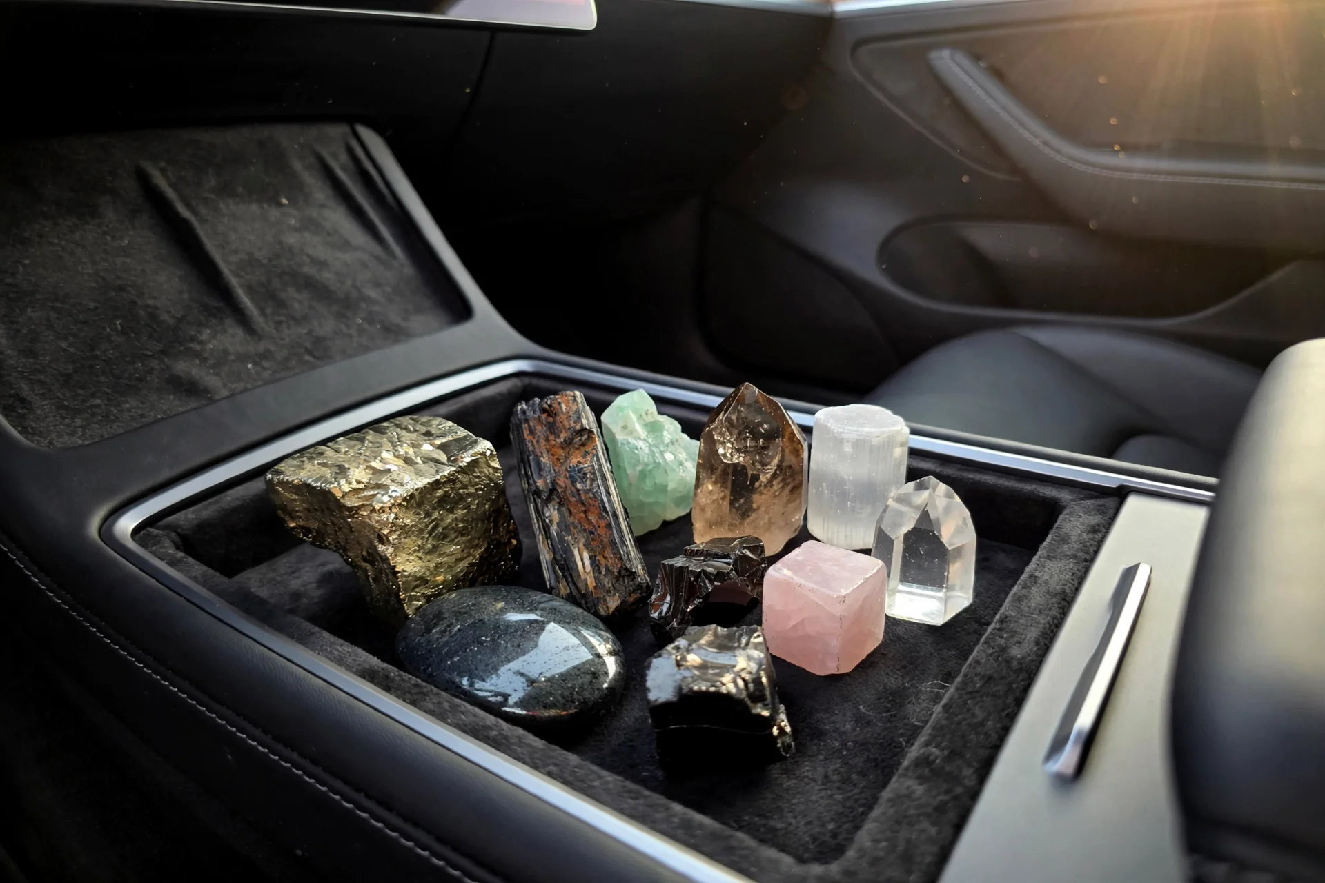 Pyrit, schwarzer Turmalin und Quarzspitzen aus dem Complete Set in der Ablage einer Tesla Mittelkonsole