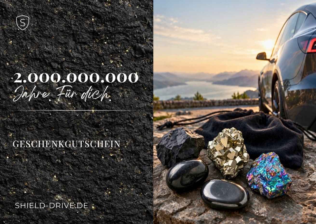 Shield Drive Geschenkgutschein mit rohem Schungit aus Karelien