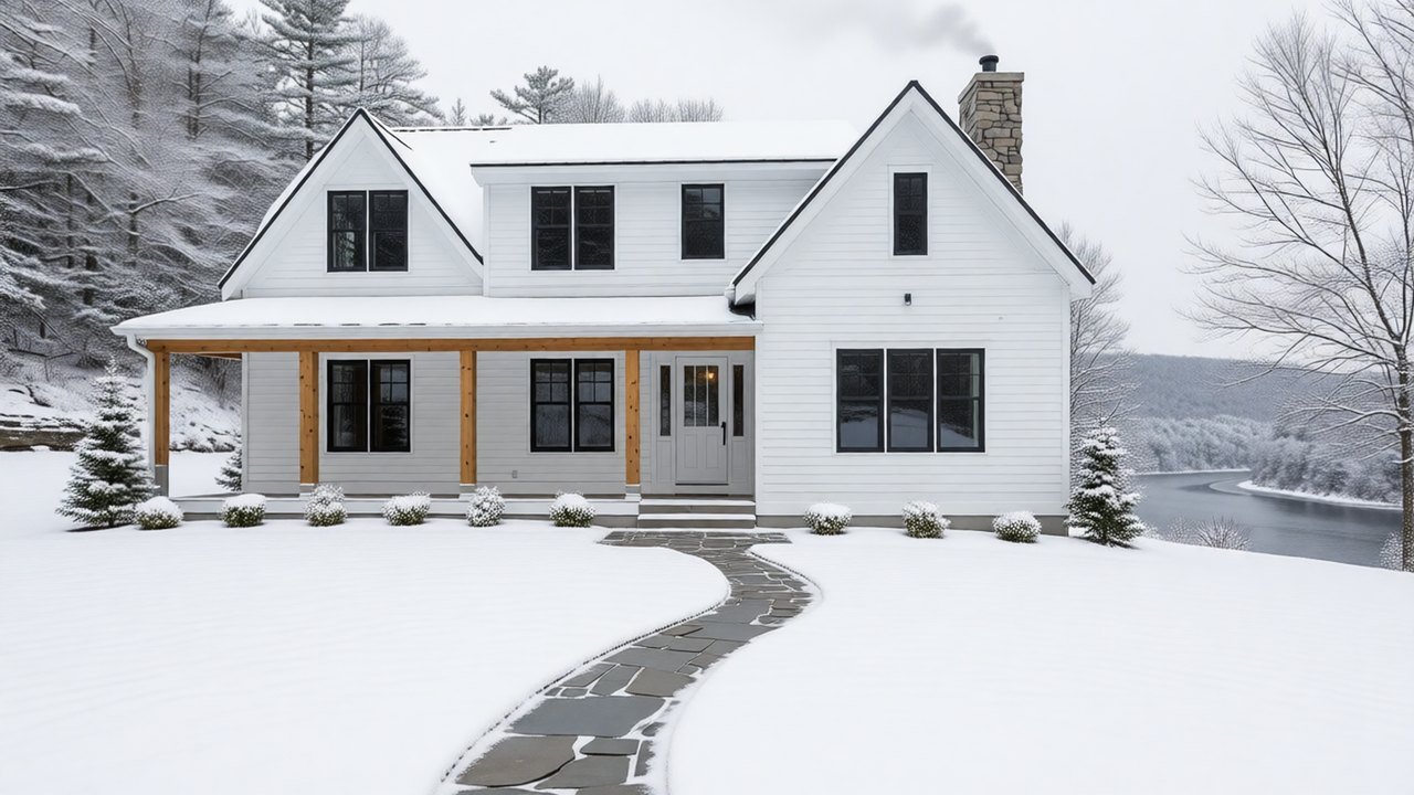 The sample home in winter