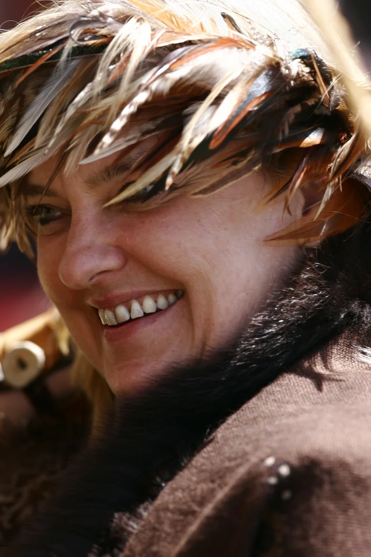 Woman laughing, fur collar