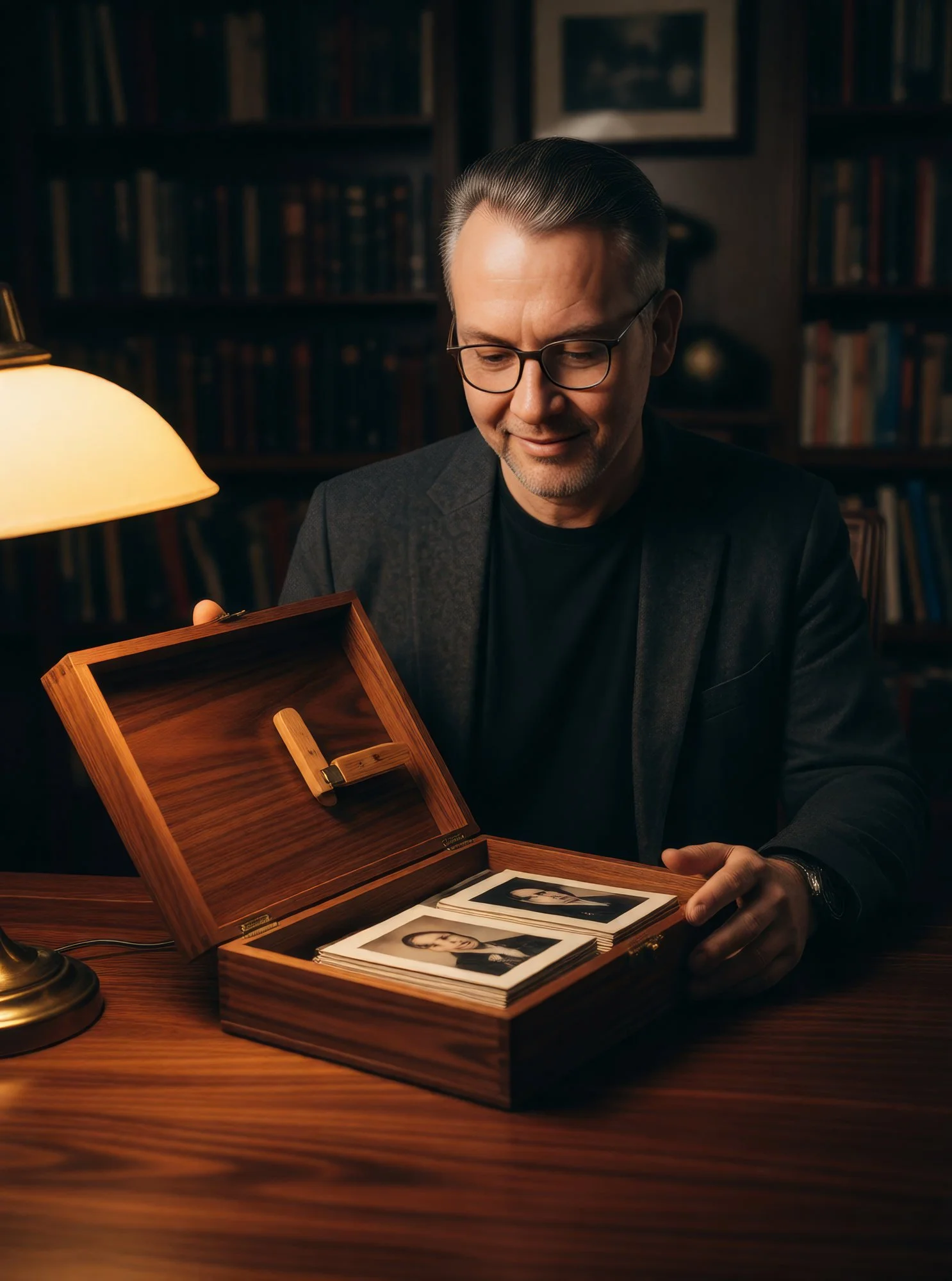 Mike Bell opening a walnut s’gpor keepsake box of portraits