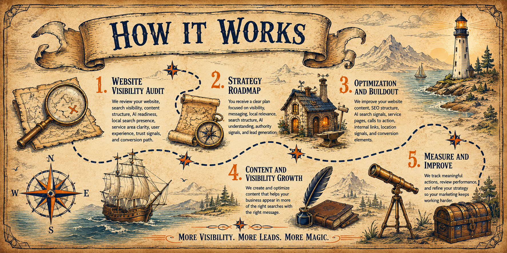 Illustrated old fashioned map showing the five step Pixie Dust Marketing process for website visibility, strategy, optimization, content growth, and improvement.