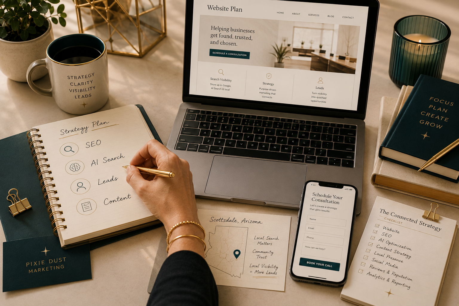 Pixie Dust Marketing strategy workspace with website planning, local search, AI search, SEO, and lead generation notes