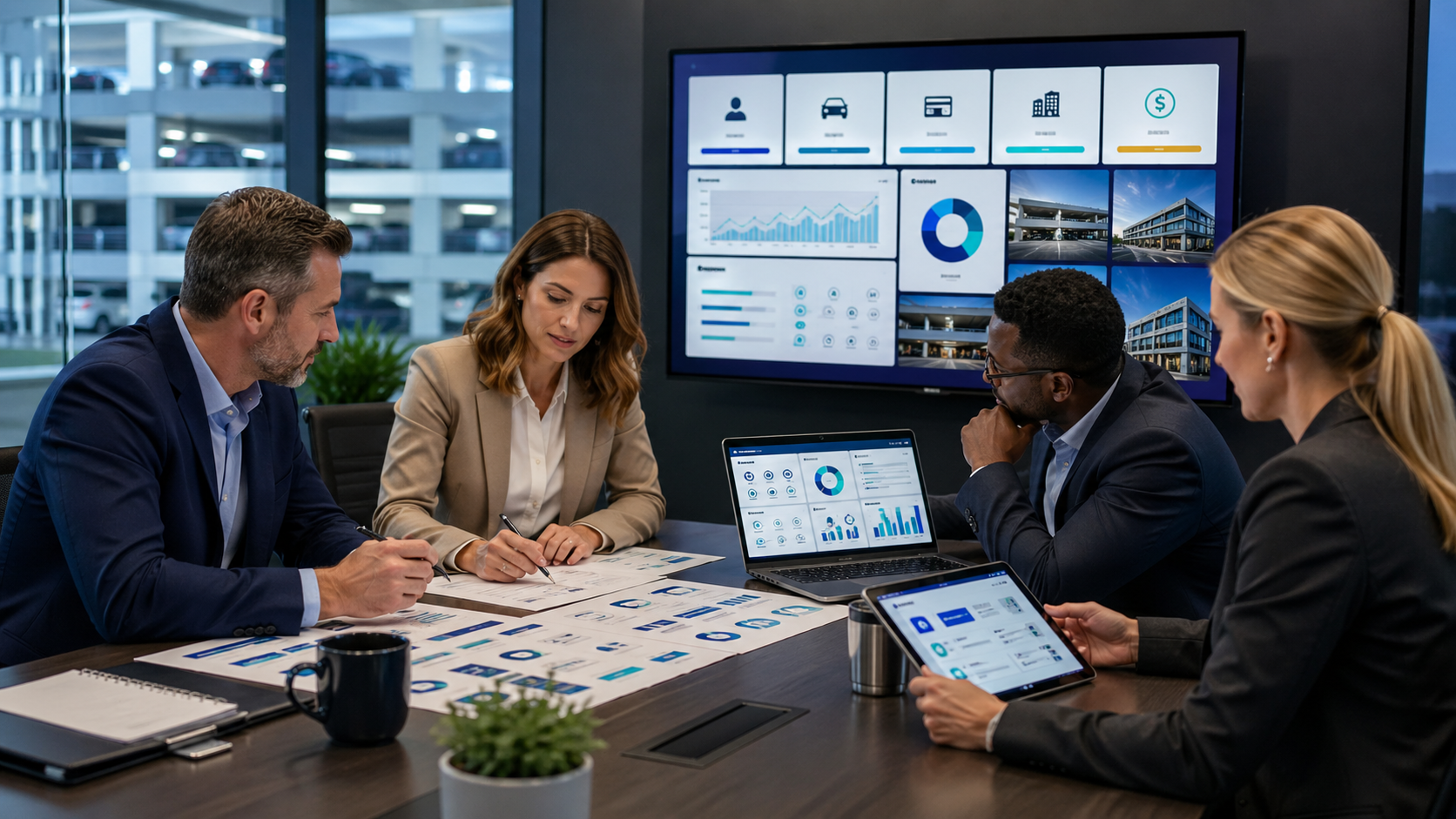 Parking leaders reviewing a monthly parking audit scorecard and operational dashboard.