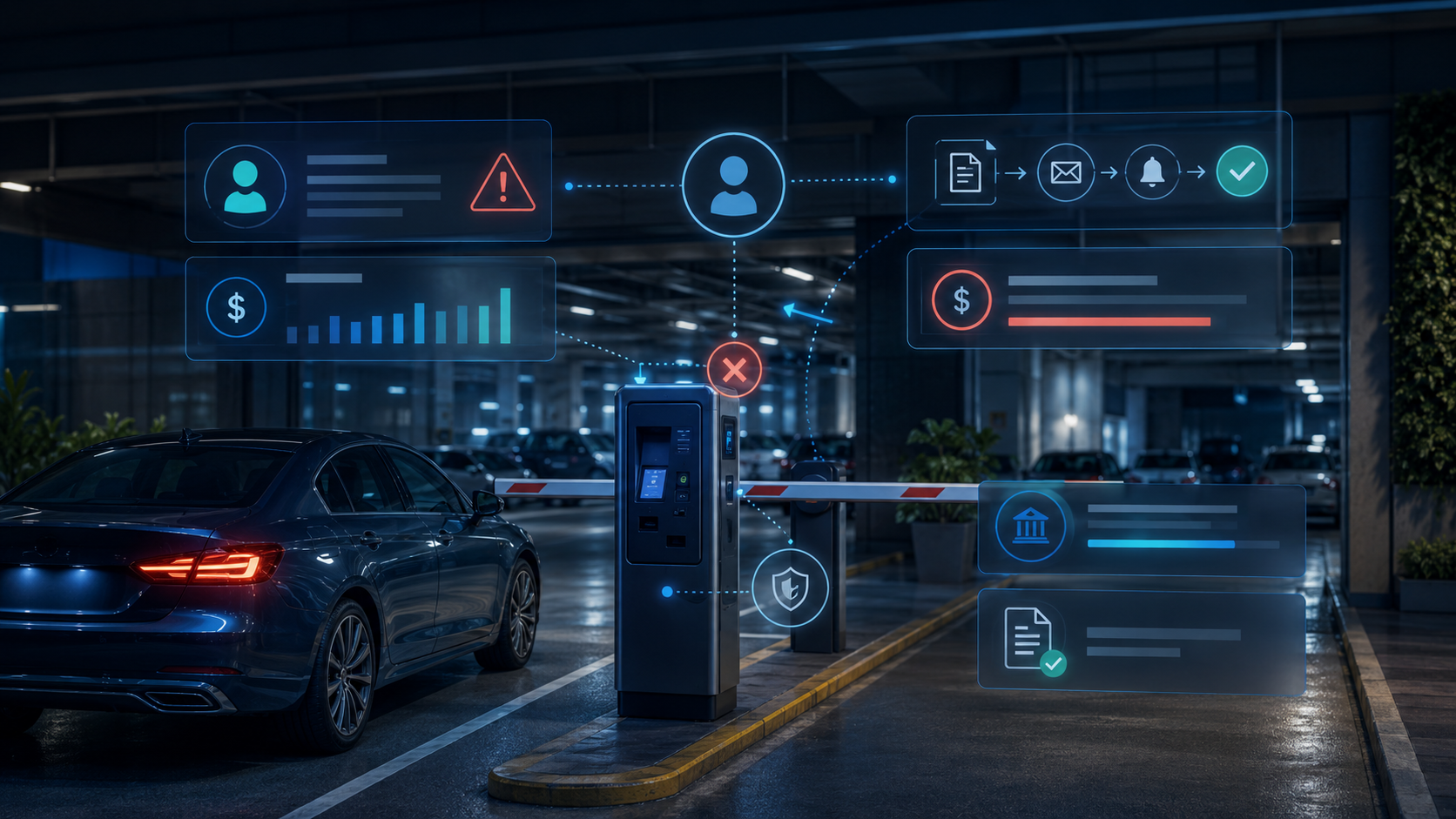 Smart parking access gate with generalized account status and automated workflow indicators