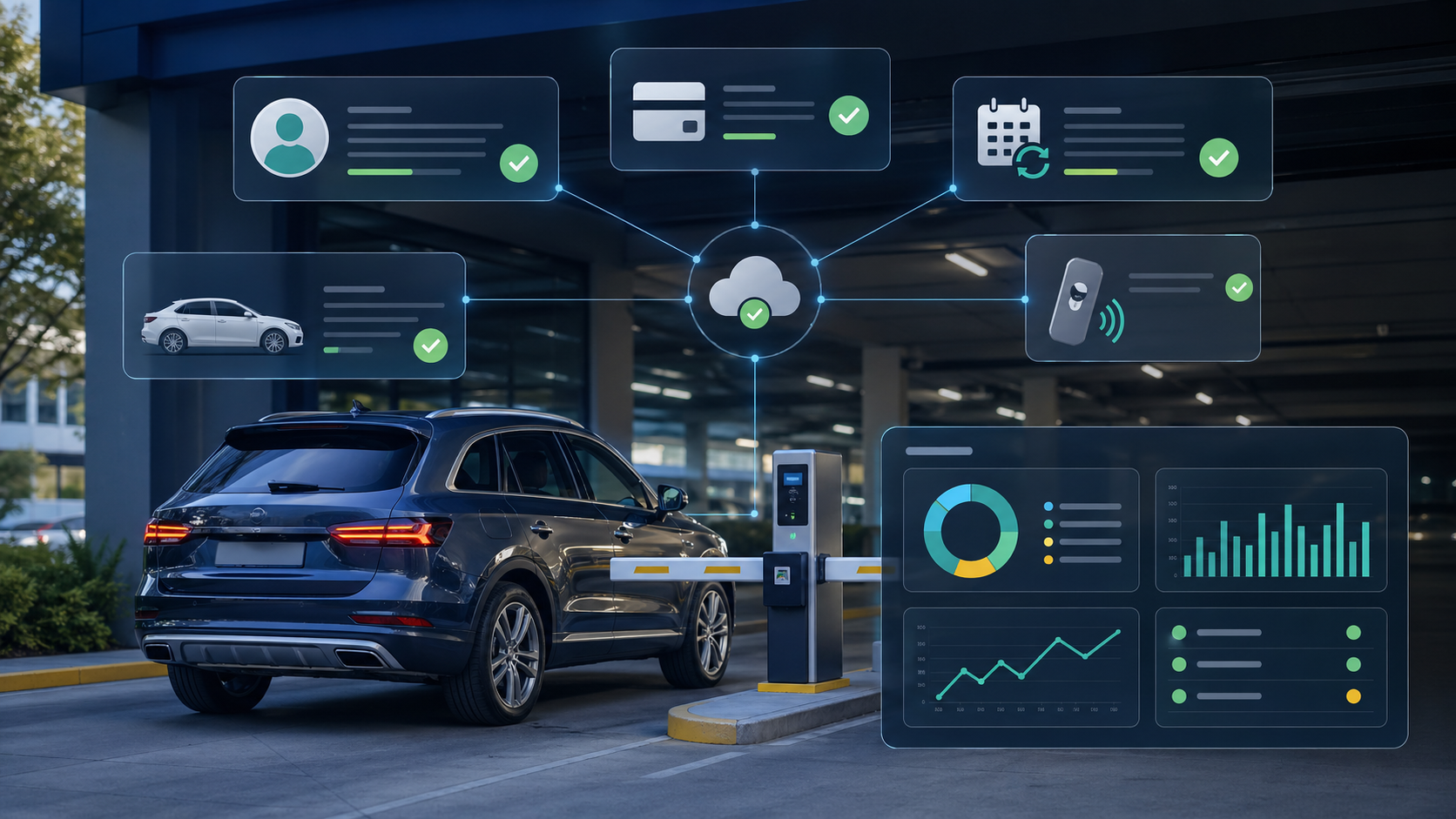 Connected monthly parking billing, access control, and account records represented at a parking garage entrance.
