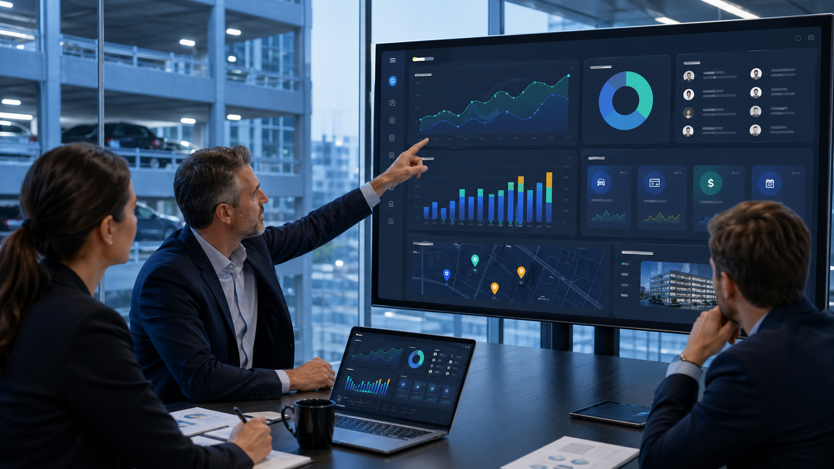 Parking operations leaders reviewing a monthly parking management dashboard in a modern control center.