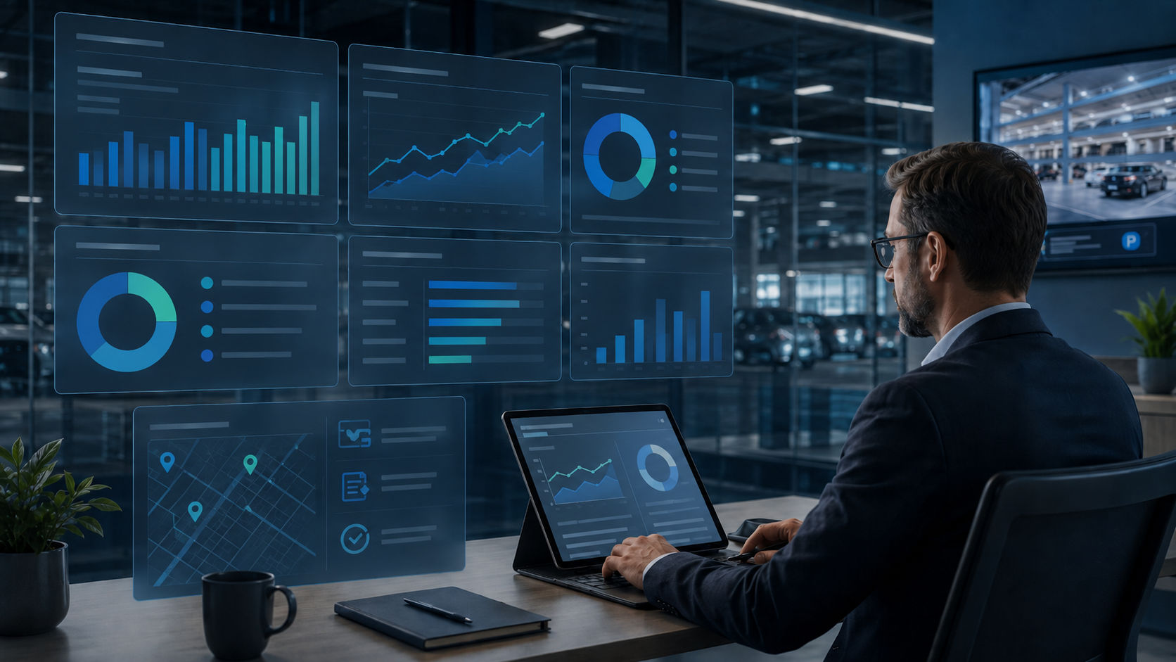 Parking finance manager reviewing generalized billing, reporting, and multi-location analytics