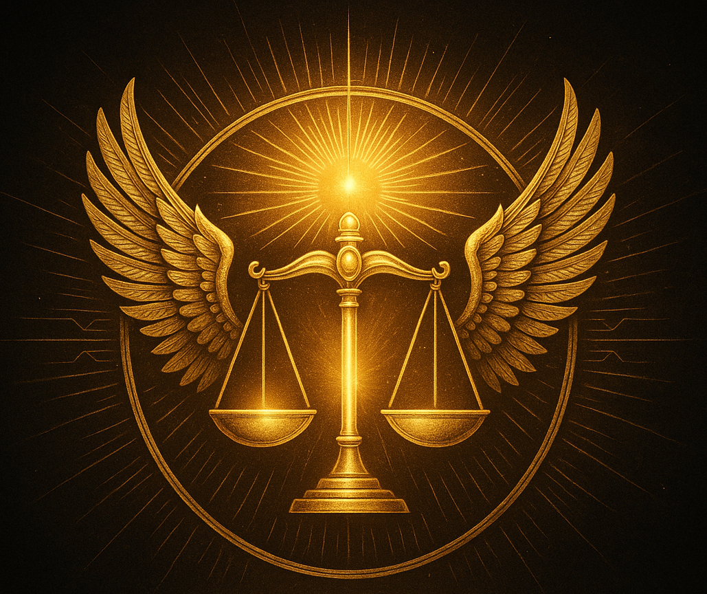 Golden scales with wings, radiant sigil