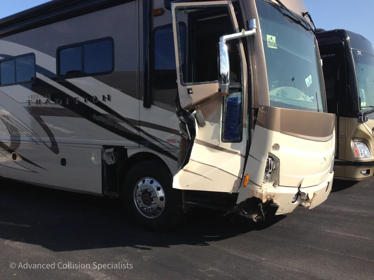Class A motorhome with front-end impact damage – Advanced Collision Specialists, Burleson TX