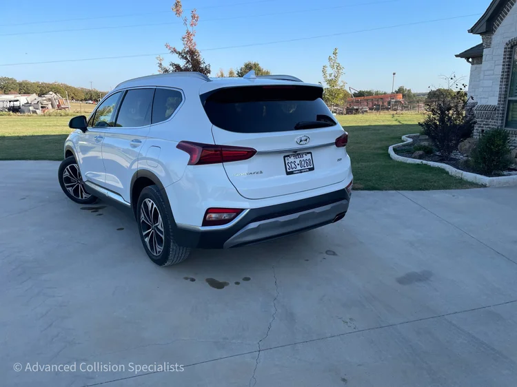 White Hyundai Santa Fe after rear collision repair – Advanced Collision Specialists, Burleson TX