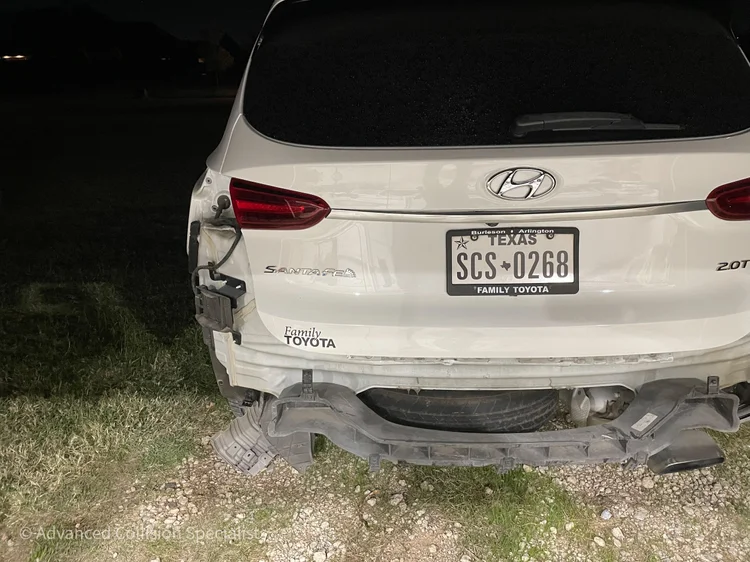 White Hyundai Santa Fe with rear bumper damage – Advanced Collision Specialists, Burleson TX