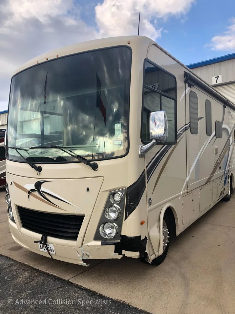 Class A motorhome with lower front-end damage – Advanced Collision Specialists, Burleson TX