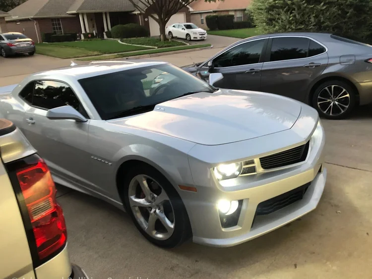 Silver Chevrolet Camaro after front-end repair – Advanced Collision Specialists, Burleson TX