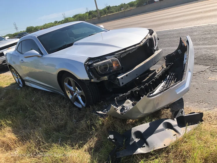 Silver Chevrolet Camaro with front-end collision damage – Advanced Collision Specialists, Burleson TX