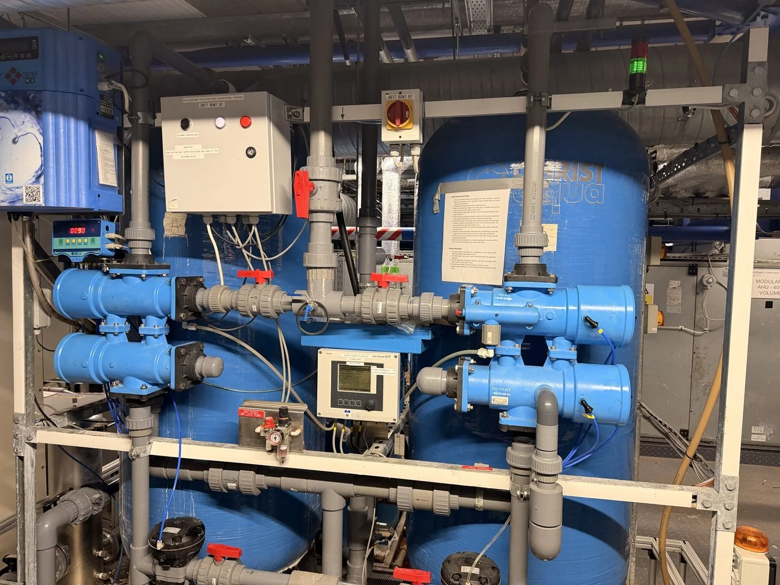 Water-treatment vessels with actuated valves, instrumentation, pipework and local control panels.