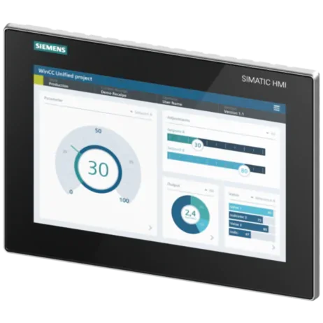 Siemens SIMATIC Unified Comfort HMI panel displaying gauges and process values.