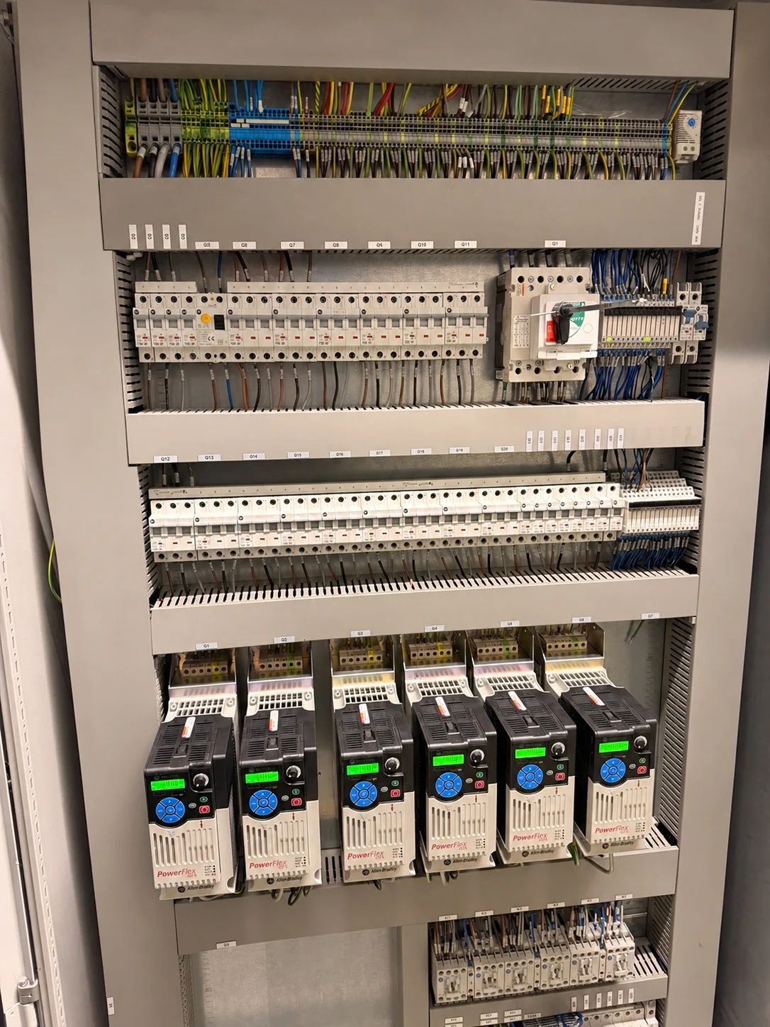 Water-treatment electrical panel containing six Allen-Bradley PowerFlex drives, circuit protection and terminals.
