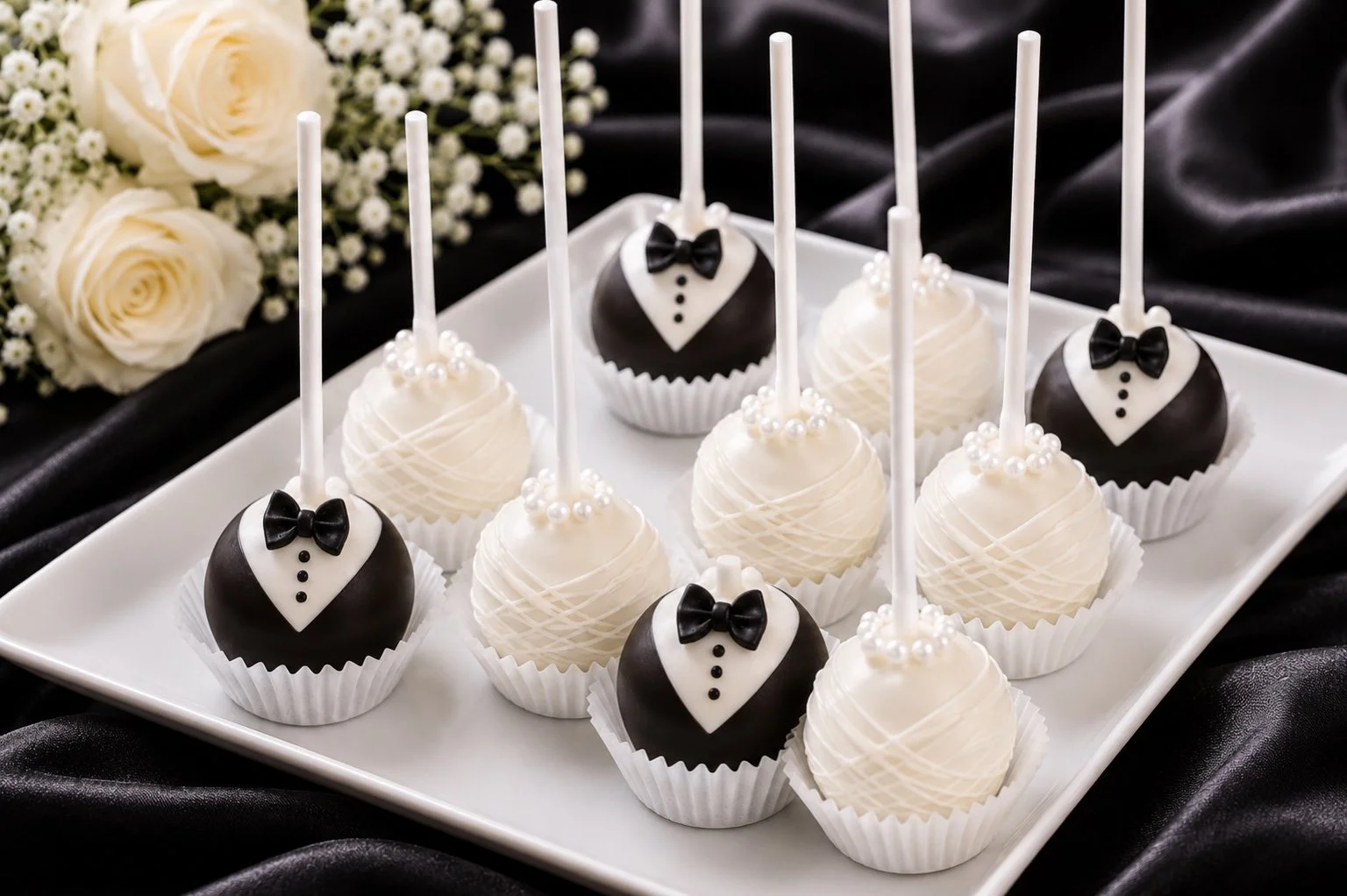Wedding cake pops with tuxedo designs and white pearl decorations