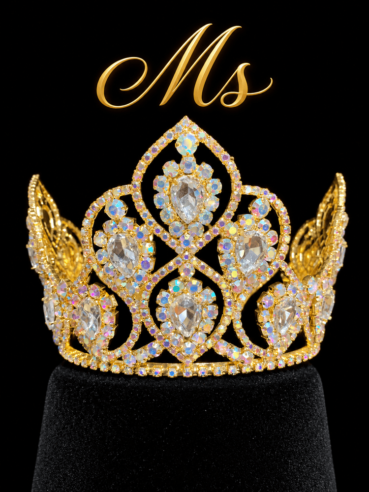Gold crown with clear and iridescent stones awarded to the Ms. division winner
