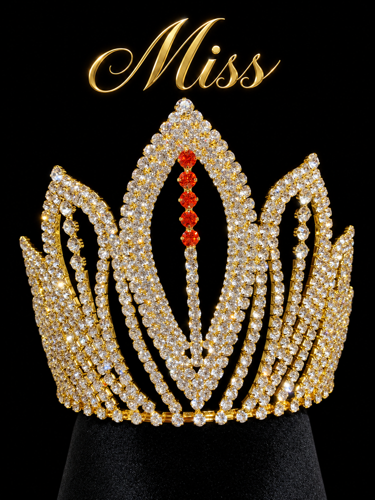 Gold crown with orange-red center stones awarded to the Miss division winner
