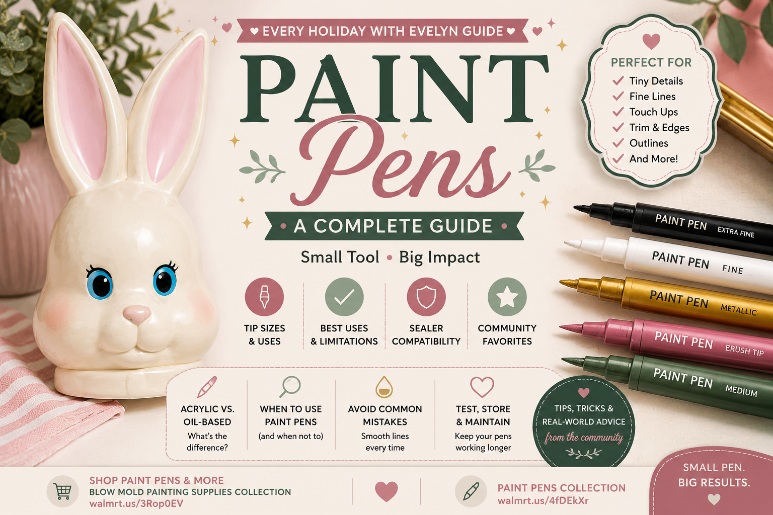 Painted Easter bunny blow mold beside black, white, metallic and colored paint pens with a complete paint pen guide title.