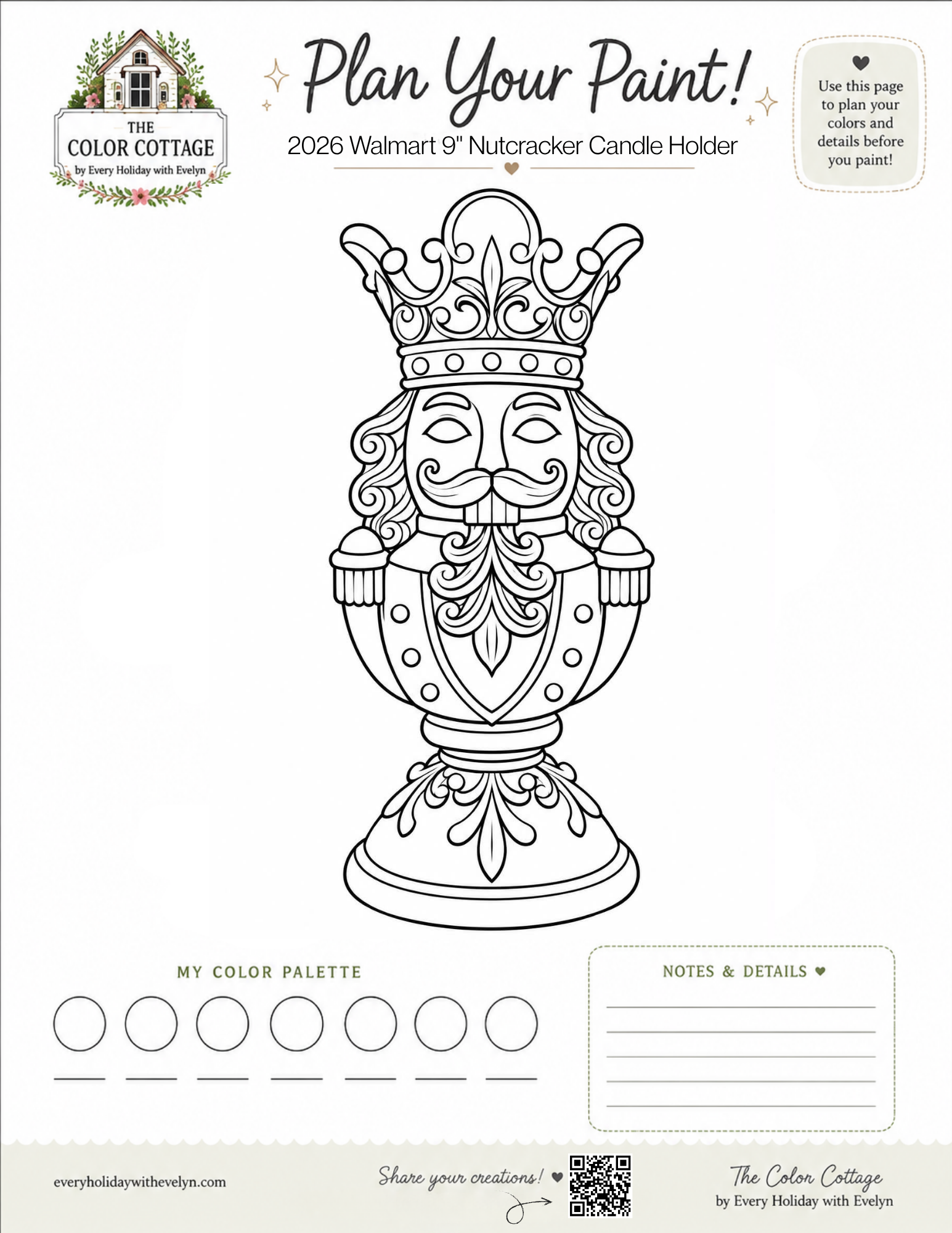 2026 Walmart 9" Nutcracker Candle Holder coloring and paint planning sheet