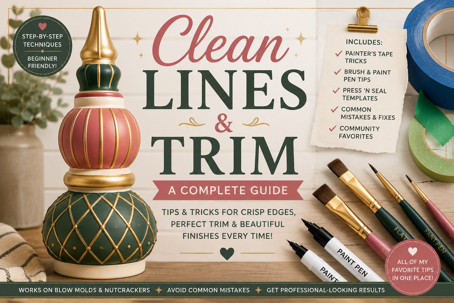 Painted decorative blow mold with crisp green, blush and gold trim beside painter’s tape, paint pens and detail brushes.