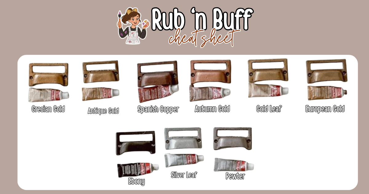 Rub n Buff metallic shade cheat sheet showing real photographed finish samples